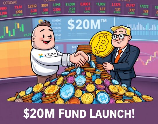 Cartoon illustrating iZUMi Finance launching a $20M iZUMi Finance crypto fund with CIMG, signifying a new era of DeFi investment strategies.