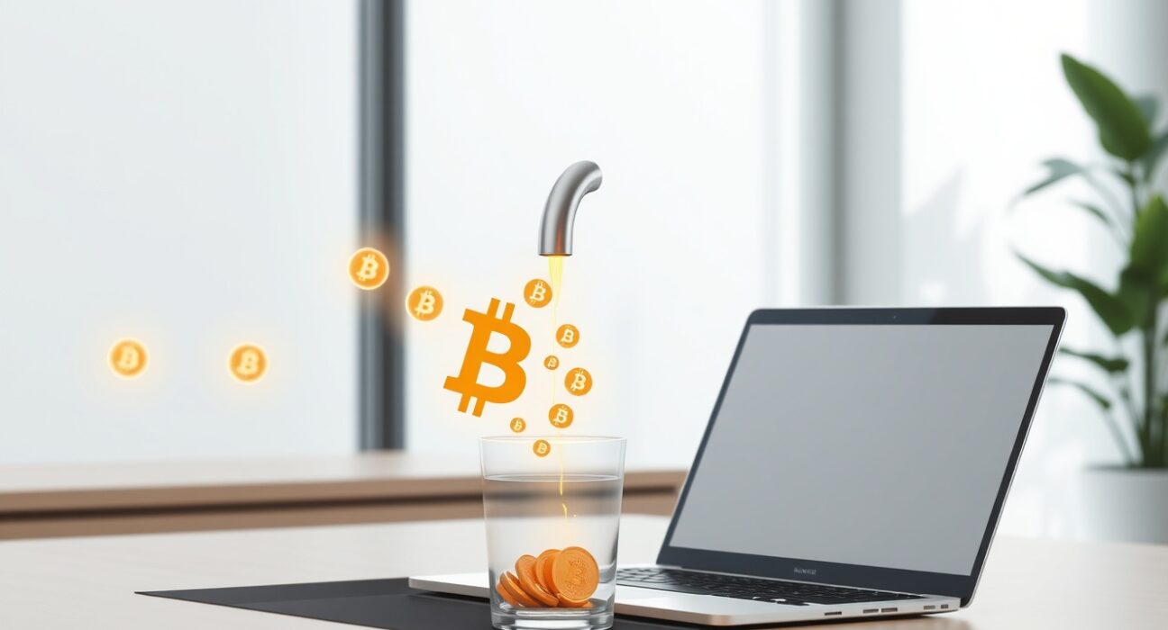 Conceptual image of a Bitcoin faucet distributing digital currency, representing Jack Dorsey's revival initiative.