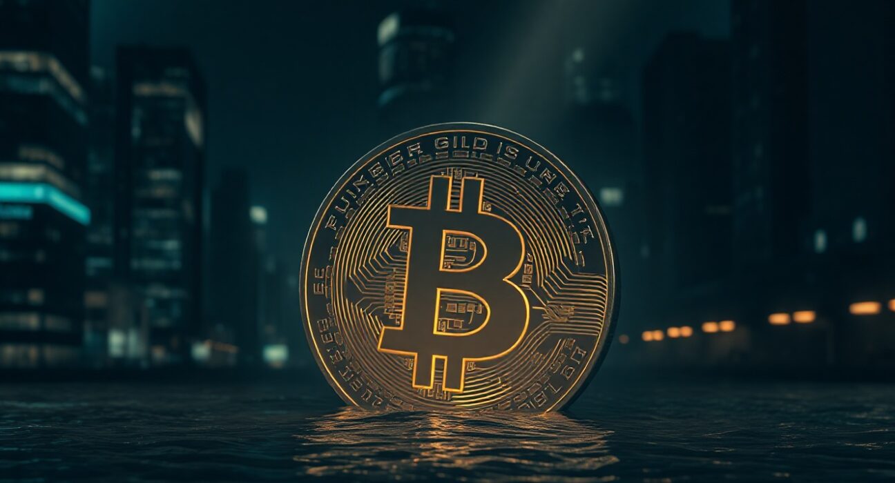 Bitcoin symbol partially submerged in dark water symbolizing a global liquidity crisis