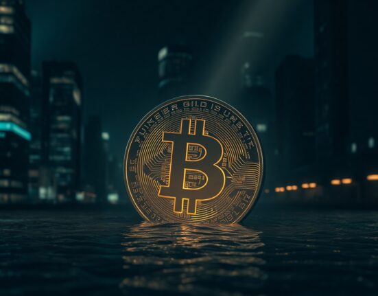 Bitcoin symbol partially submerged in dark water symbolizing a global liquidity crisis