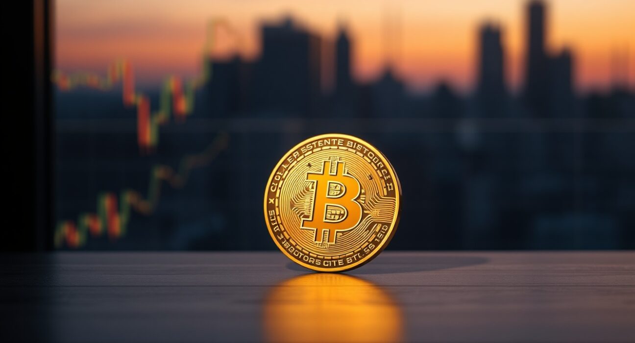 Bitcoin coin on a dark wooden surface with blurred financial charts in the background