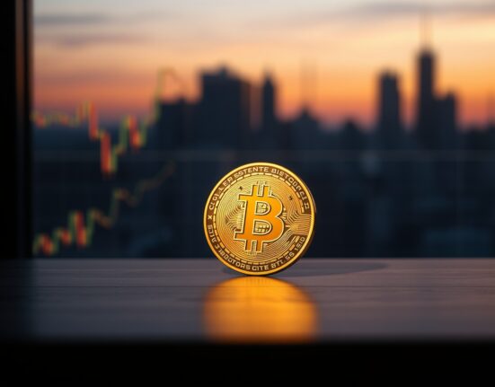 Bitcoin coin on a dark wooden surface with blurred financial charts in the background