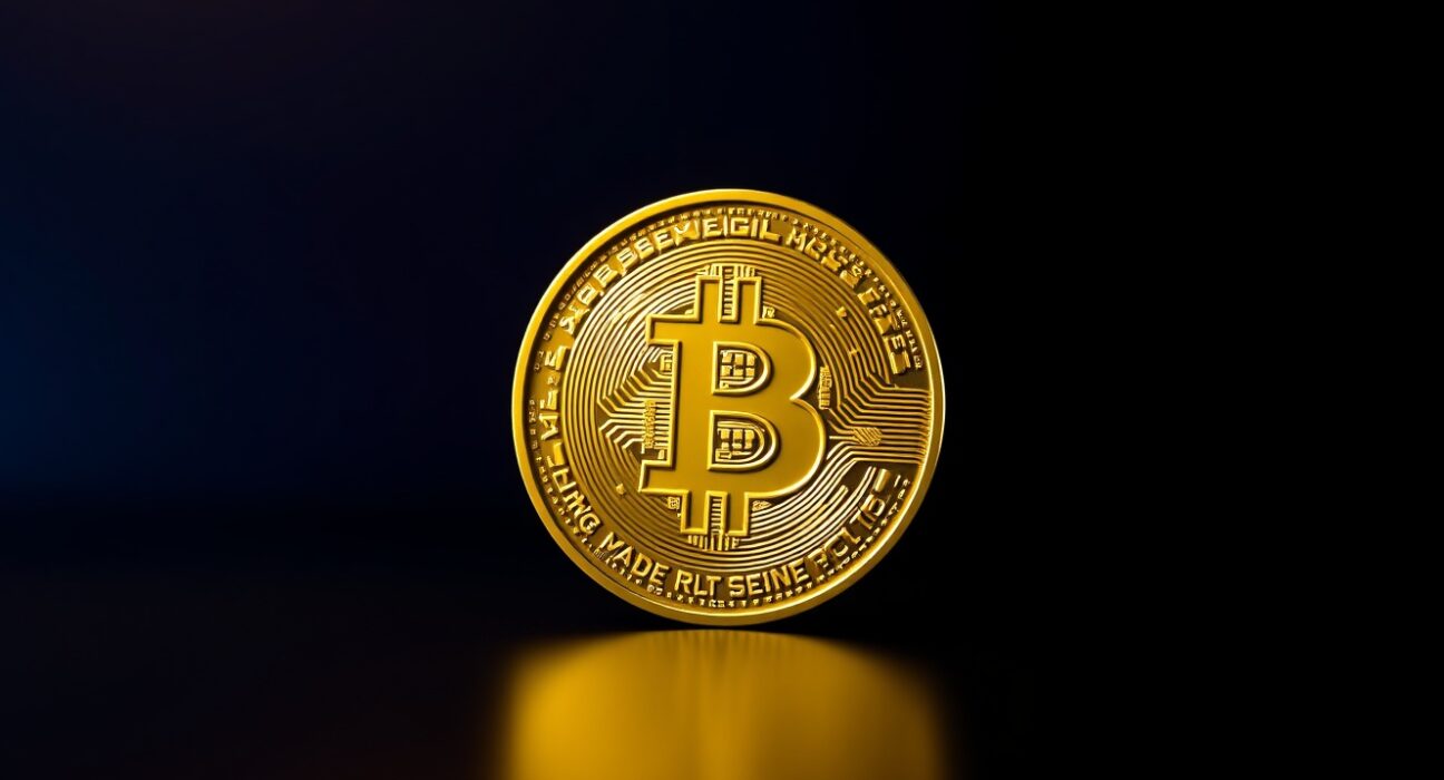 Bitcoin coin on a dark reflective surface with dramatic lighting