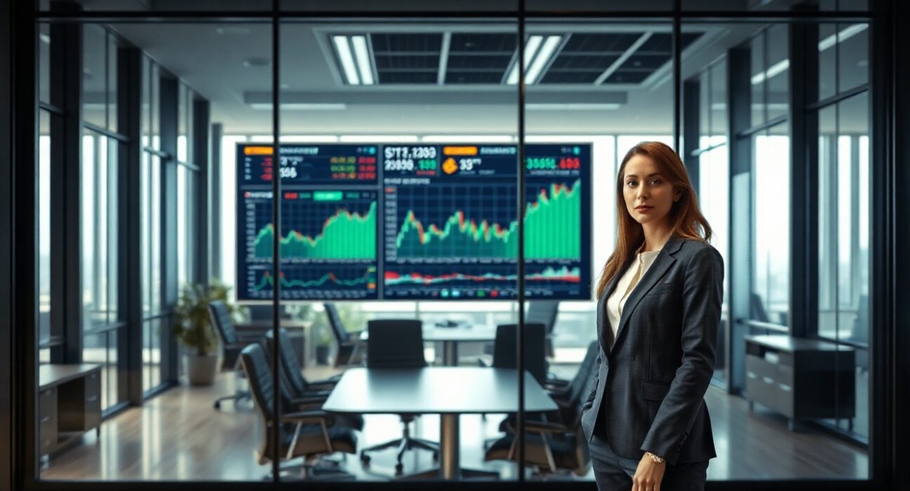Professional woman in business attire standing in modern office with digital market display