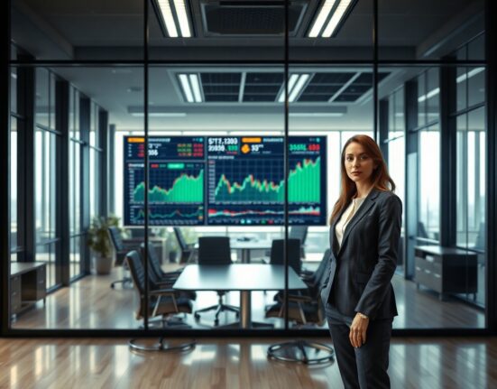 Professional woman in business attire standing in modern office with digital market display