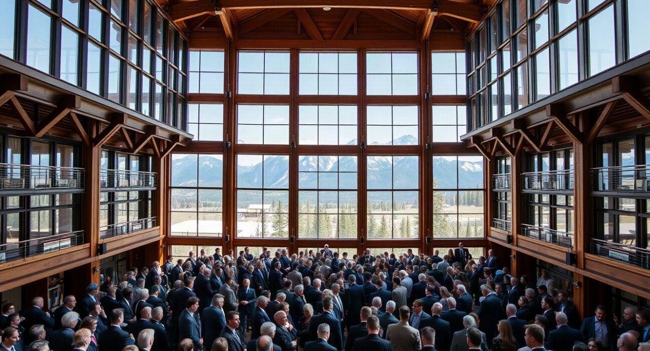 Attendees gather inside the Jackson Lake Lodge for the Jackson Hole Economic Symposium.