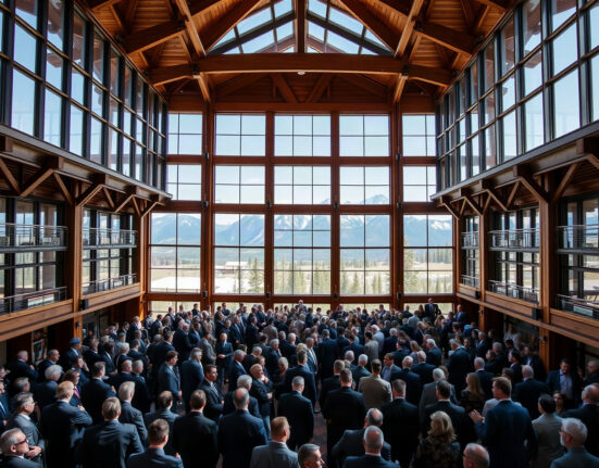 Attendees gather inside the Jackson Lake Lodge for the Jackson Hole Economic Symposium.