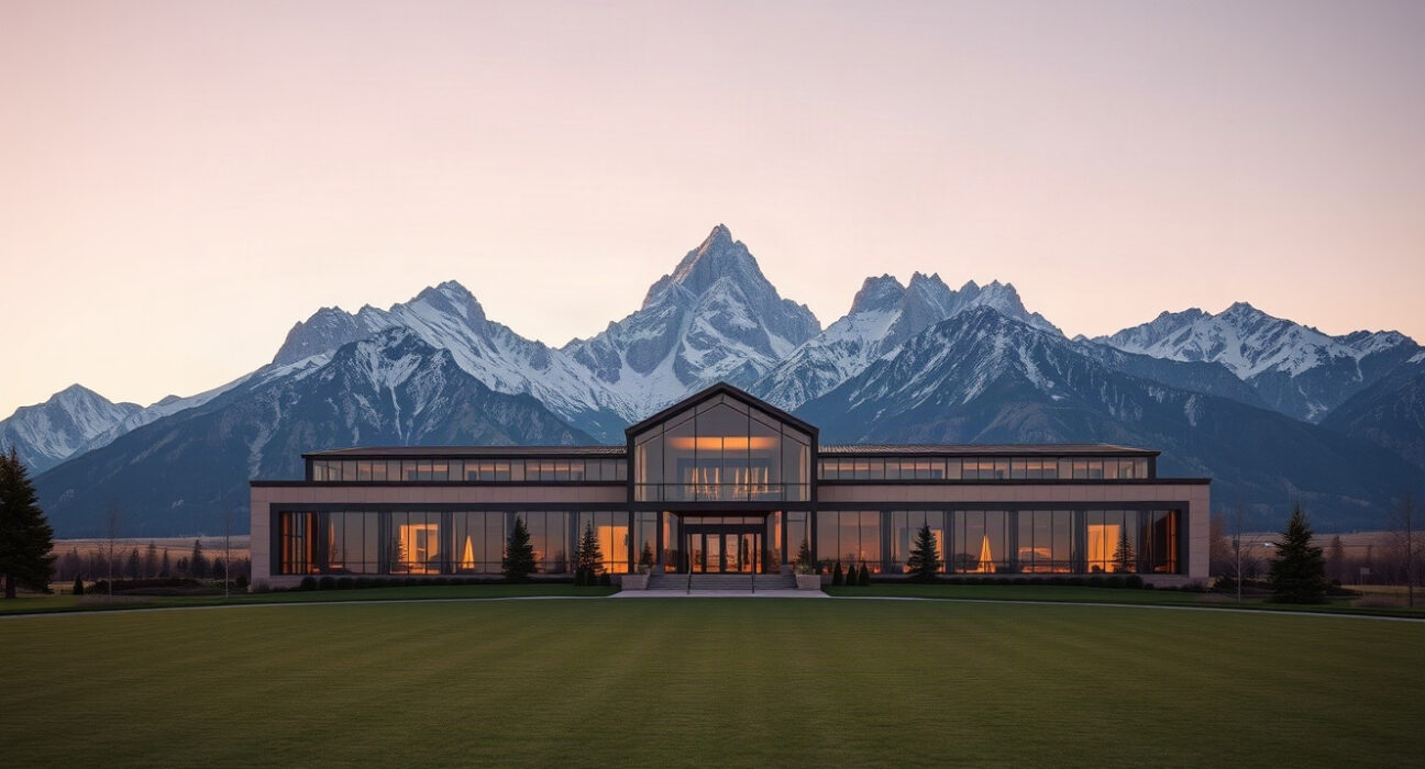 Jackson Hole symposium conference center with Teton mountains in background