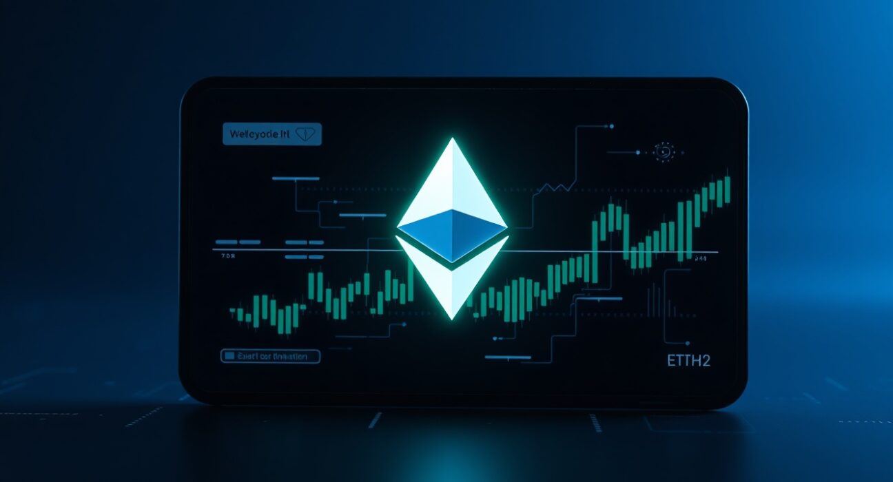 Digital wallet interface with glowing Ethereum logo and blockchain data streams representing a large ETH transfer.
