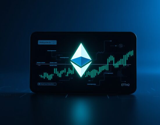 Digital wallet interface with glowing Ethereum logo and blockchain data streams representing a large ETH transfer.