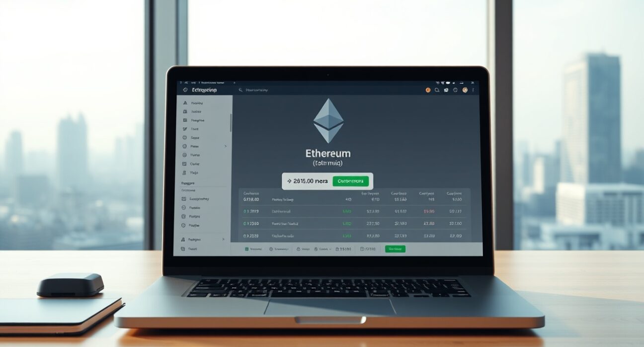 Laptop showing Ethereum transfer confirmation on a cryptocurrency exchange interface in a modern office setting.