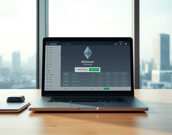 Laptop showing Ethereum transfer confirmation on a cryptocurrency exchange interface in a modern office setting.