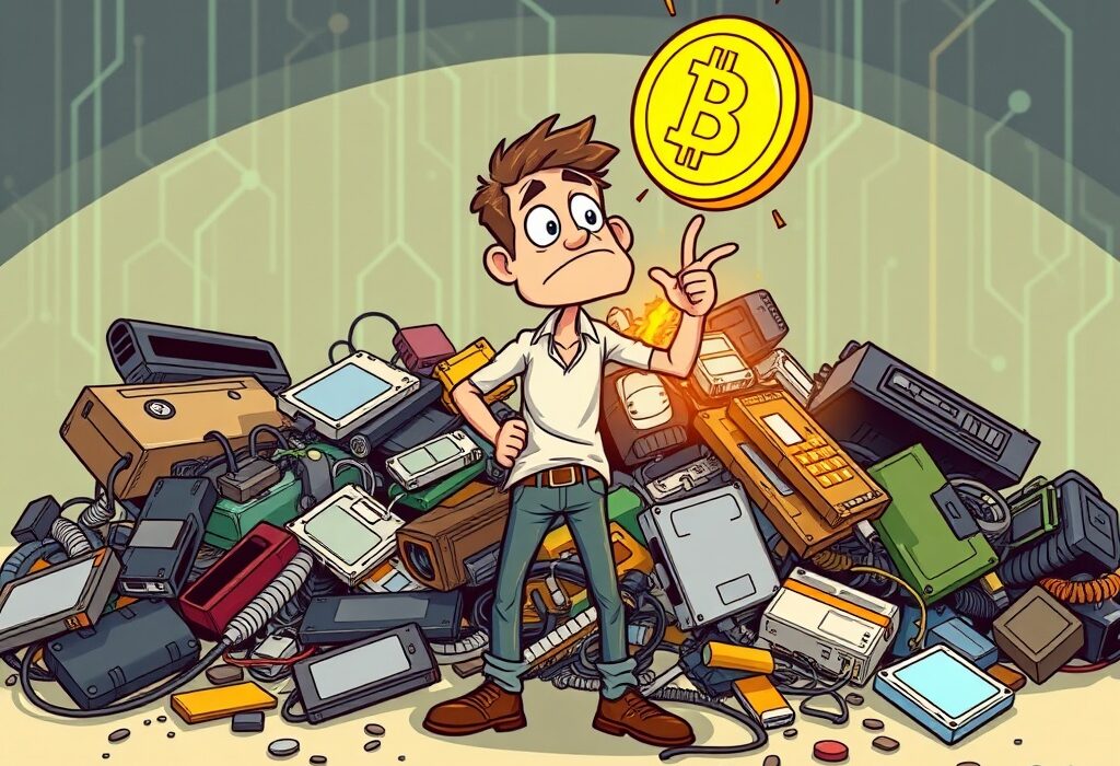 A determined man tokenizing his James Howells Bitcoin amidst electronic waste, symbolizing a unique Bitcoin recovery plan.