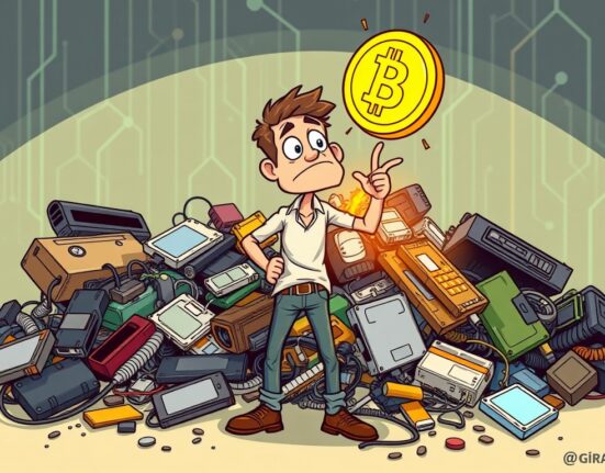 A determined man tokenizing his James Howells Bitcoin amidst electronic waste, symbolizing a unique Bitcoin recovery plan.