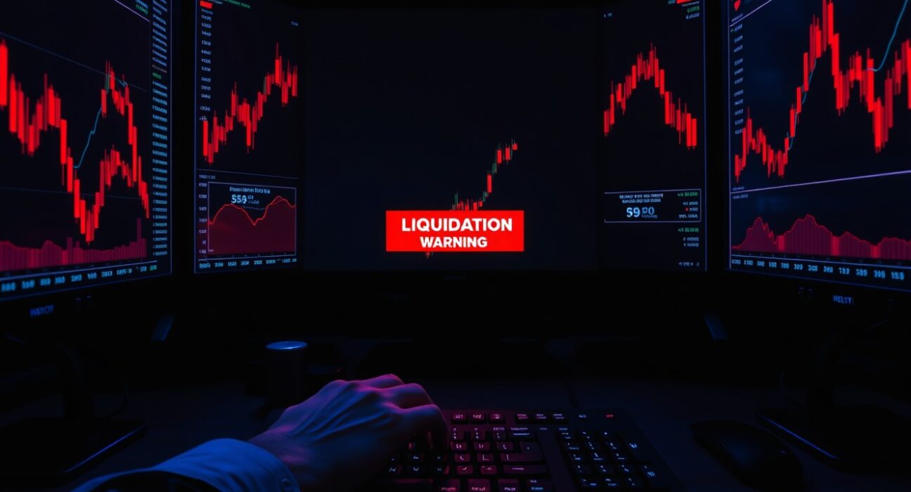 Trading desk monitors showing red charts and a liquidation warning signal
