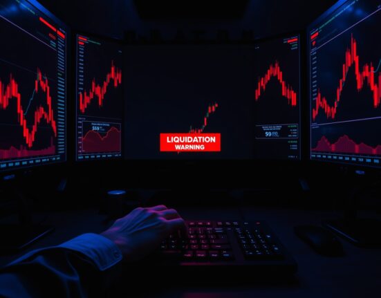 Trading desk monitors showing red charts and a liquidation warning signal