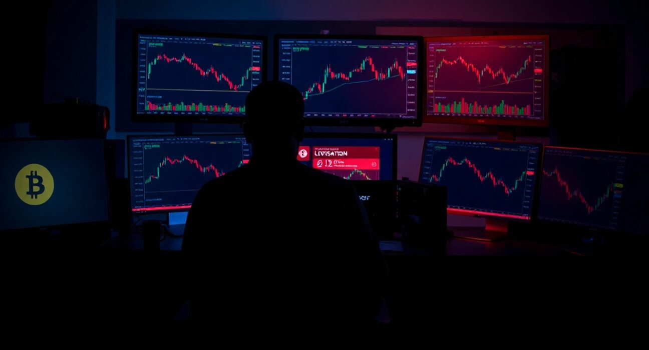 A trading desk with monitors showing Bitcoin price charts and a liquidation alert, representing James Wynn's leveraged short position.