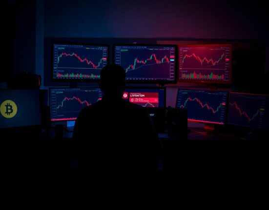 A trading desk with monitors showing Bitcoin price charts and a liquidation alert, representing James Wynn's leveraged short position.