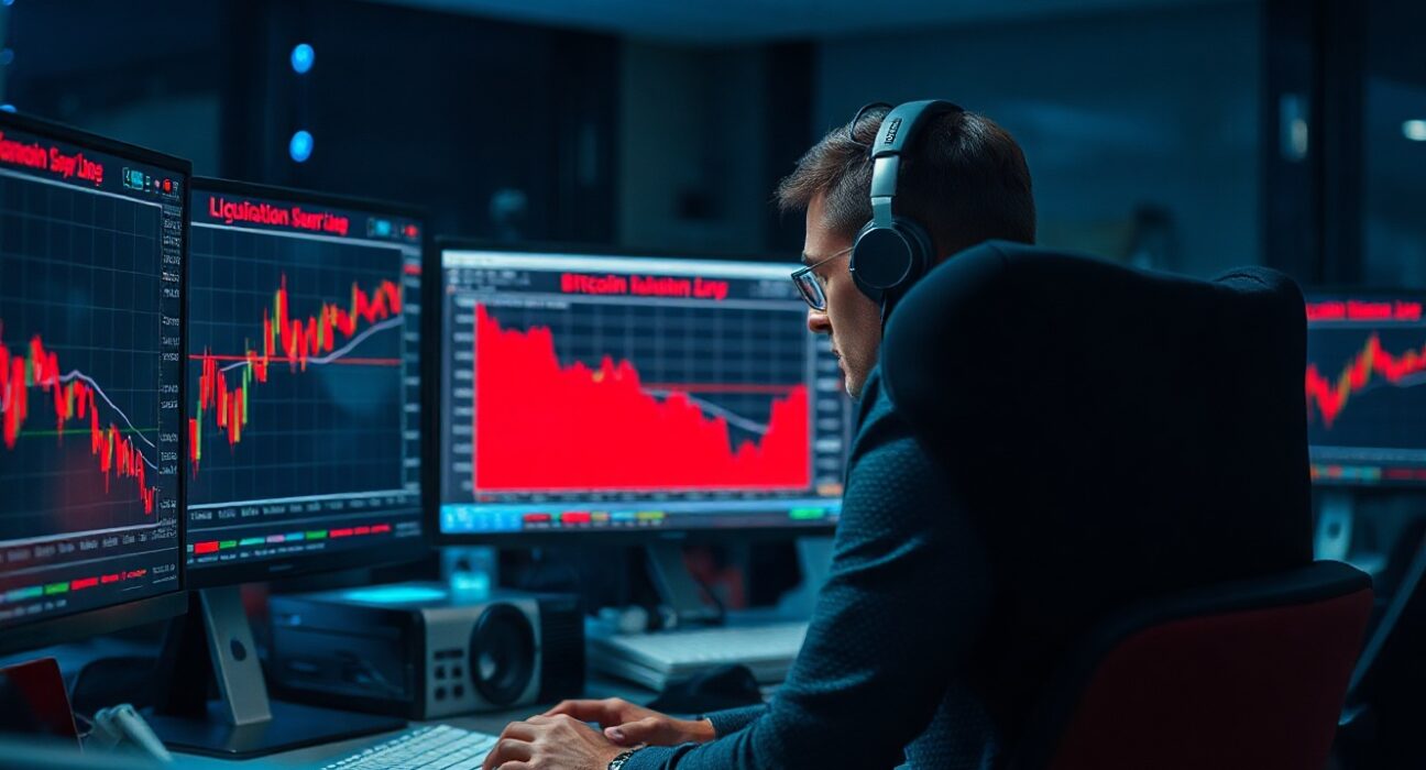 Trader at a desk with multiple monitors showing Bitcoin price charts and a red liquidation warning