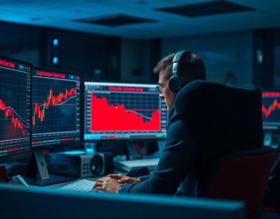 Trader at a desk with multiple monitors showing Bitcoin price charts and a red liquidation warning