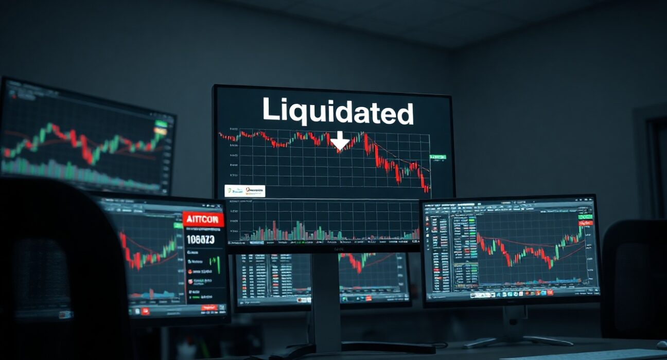 Trader monitors cryptocurrency charts showing a Bitcoin liquidation event on a trading desk.