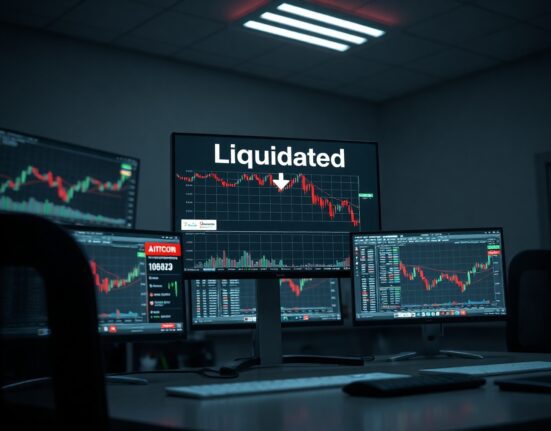 Trader monitors cryptocurrency charts showing a Bitcoin liquidation event on a trading desk.