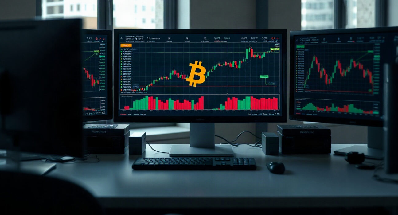 Bitcoin trading chart on a monitor at a professional trading desk, representing leveraged crypto trading.