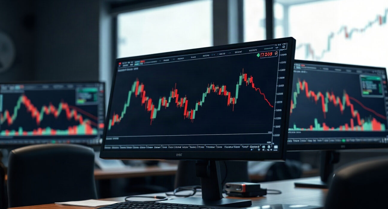 Bitcoin price chart showing a downward trend on a trading monitor in a professional trading environment