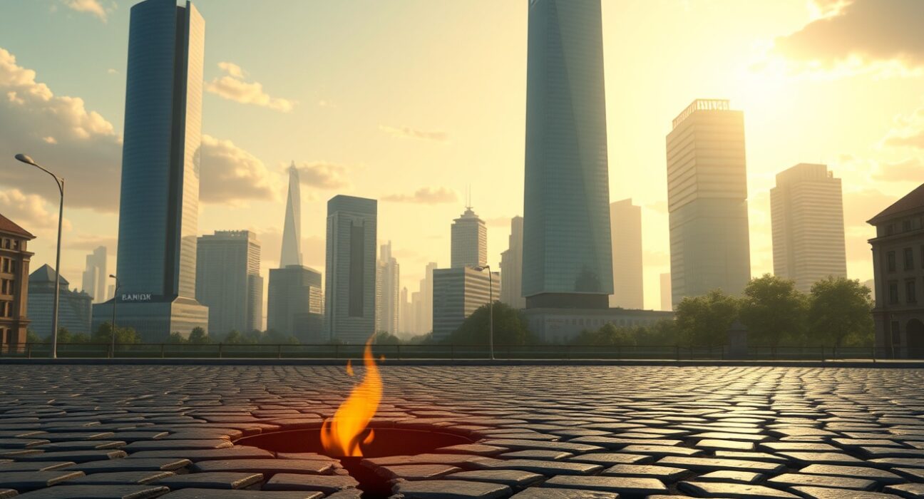 Jamie Dimon's financial crisis warning illustrated as hidden risk beneath a cityscape.