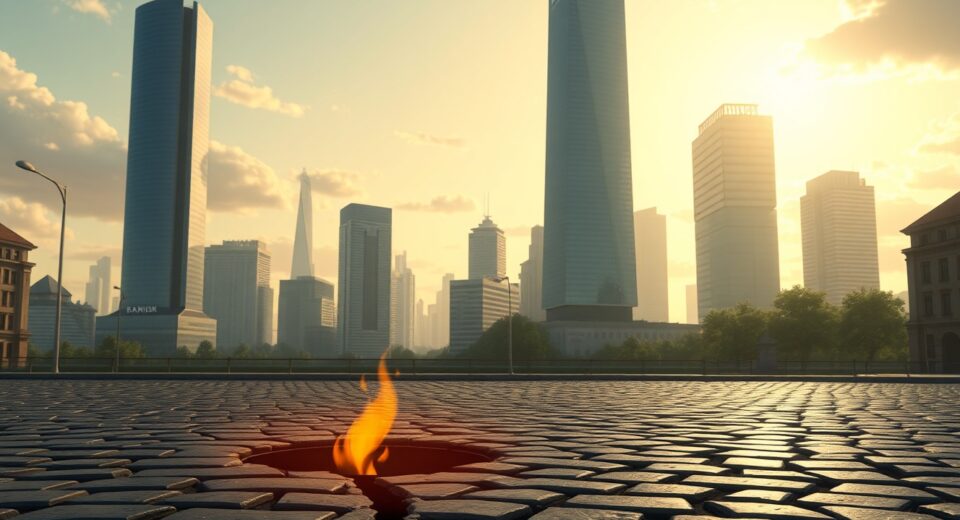 Jamie Dimon's financial crisis warning illustrated as hidden risk beneath a cityscape.