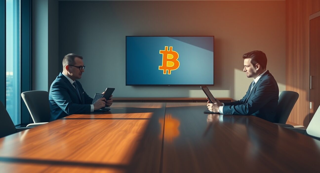 Two corporate executives discussing a Bitcoin OTC deal in a modern meeting room