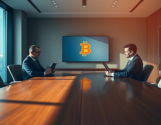 Two corporate executives discussing a Bitcoin OTC deal in a modern meeting room