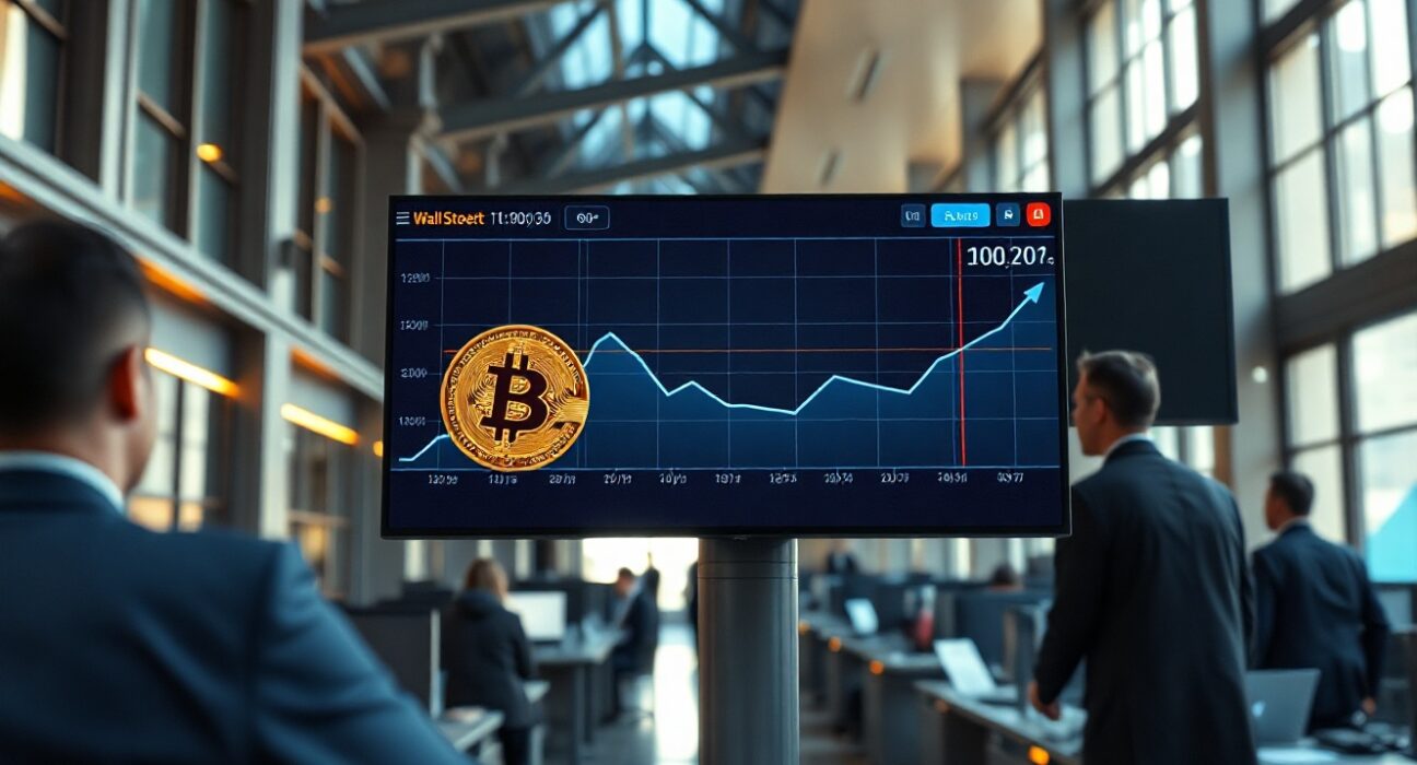 Trading floor with digital display showing Bitcoin price chart and upward trend