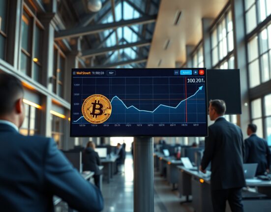Trading floor with digital display showing Bitcoin price chart and upward trend