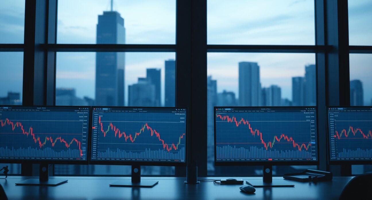 A professional trading desk with monitors showing a declining cryptocurrency chart, representing the Terra UST collapse lawsuit against Jane Street.