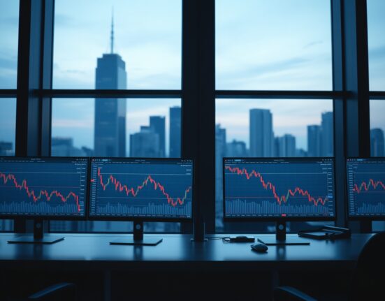 A professional trading desk with monitors showing a declining cryptocurrency chart, representing the Terra UST collapse lawsuit against Jane Street.