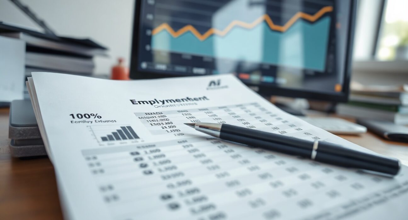 Analyst reviewing a spreadsheet with employment data and charts on a desk.