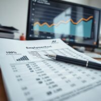 Analyst reviewing a spreadsheet with employment data and charts on a desk.