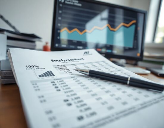 Analyst reviewing a spreadsheet with employment data and charts on a desk.
