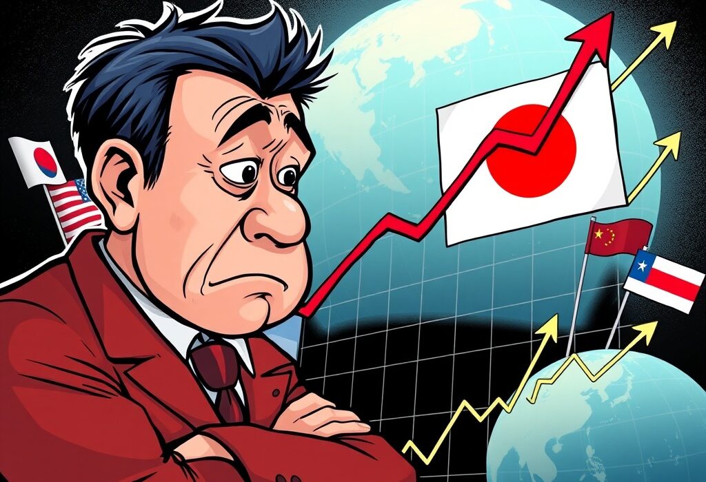 A cartoon illustration of a concerned investor observing the record surge in Japan's 30-year bond yield, reflecting global financial market stress.