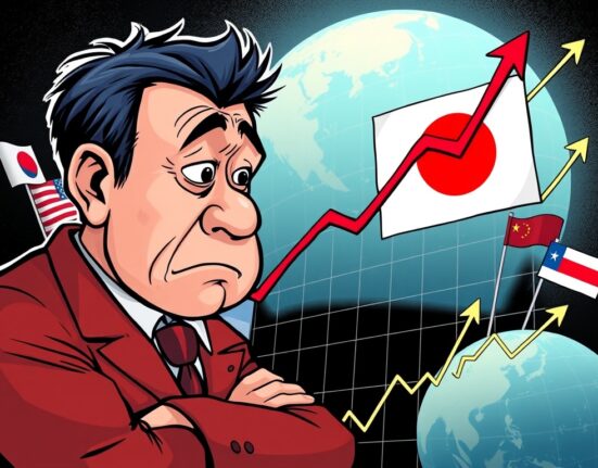 A cartoon illustration of a concerned investor observing the record surge in Japan's 30-year bond yield, reflecting global financial market stress.
