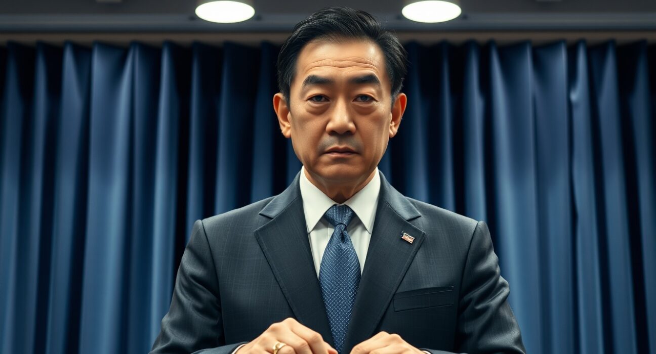 Japanese finance official at podium in Tokyo press conference room