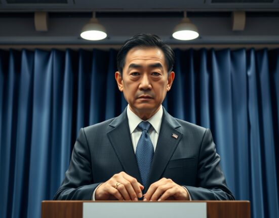 Japanese finance official at podium in Tokyo press conference room