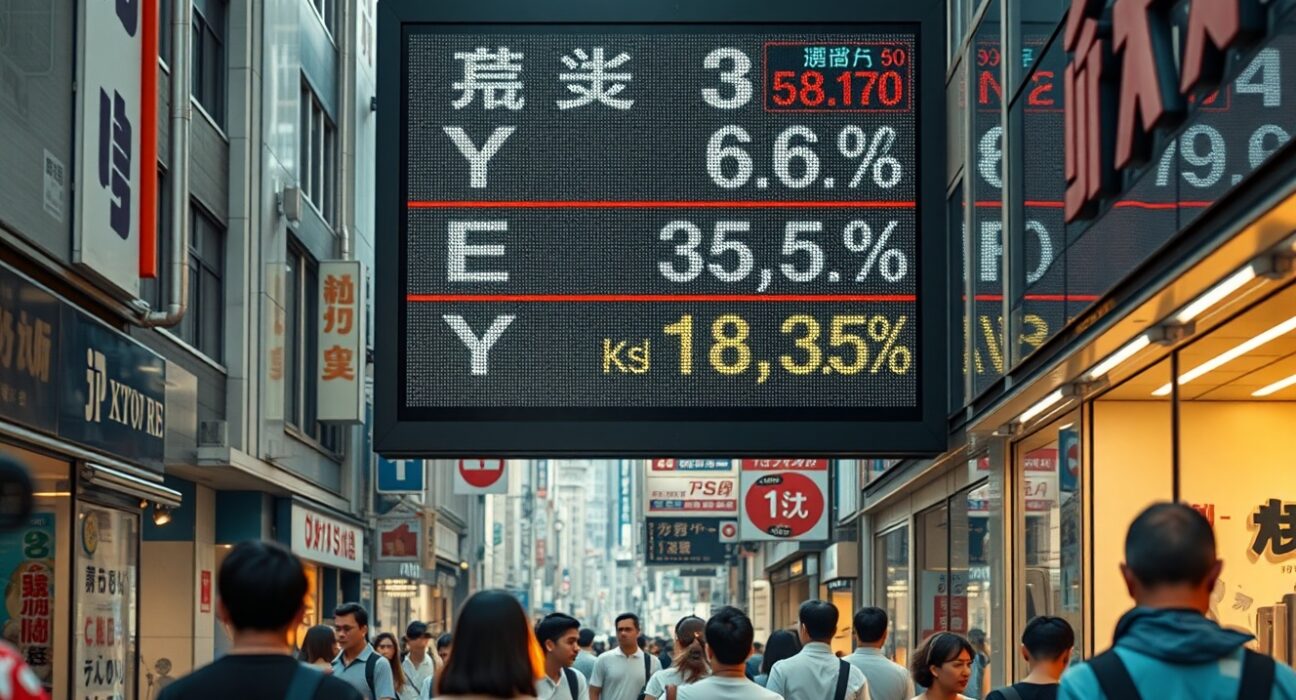 Digital price display in Tokyo shopping street showing Japan inflation data