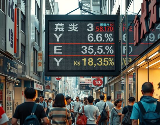 Digital price display in Tokyo shopping street showing Japan inflation data
