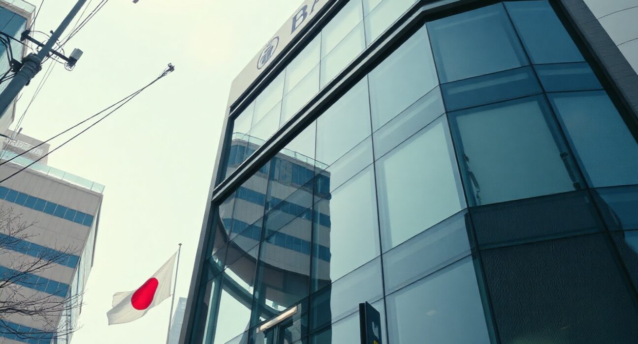 A modern bank building in Tokyo, Japan, symbolizing the country's banking sector and lending activity.