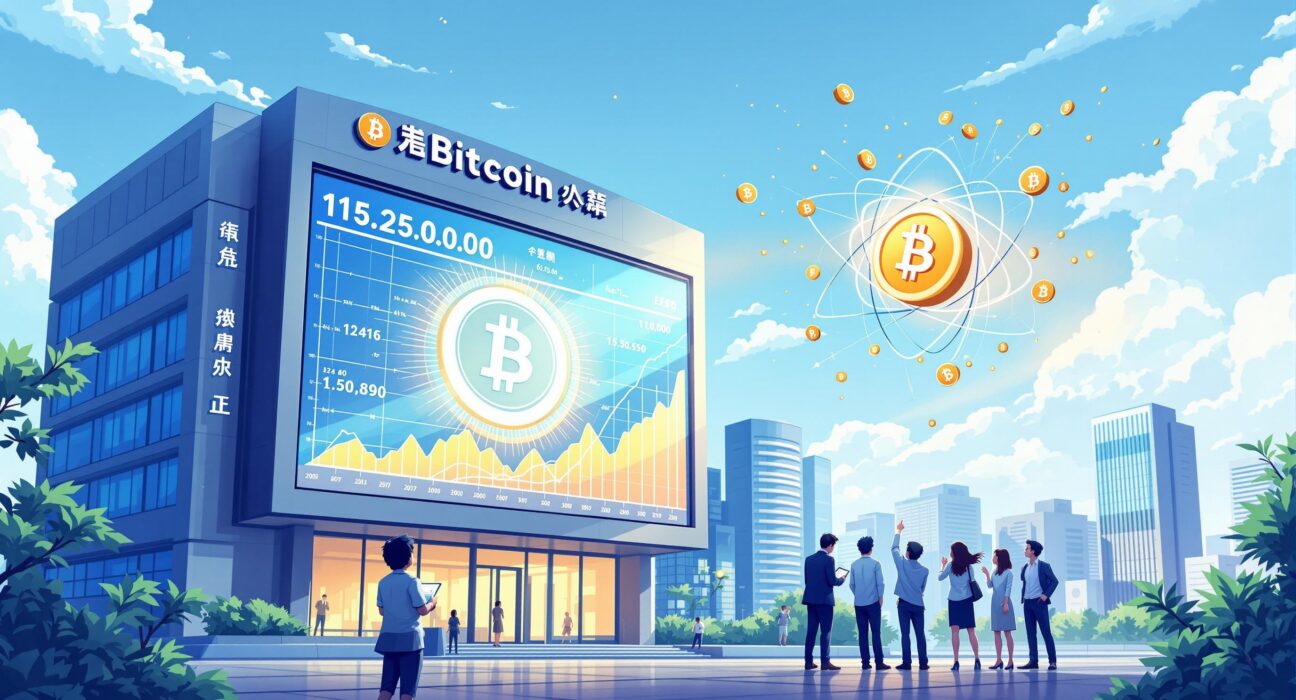 A cartoon illustration showing a Japanese company boldly embracing Bitcoin, symbolizing the growing Japan Bitcoin acquisition trend.