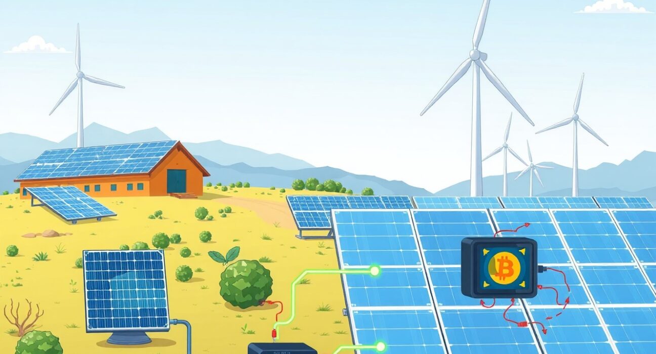 A cartoon illustration of a Japanese power company integrating Bitcoin mining for grid stability and renewable energy use.