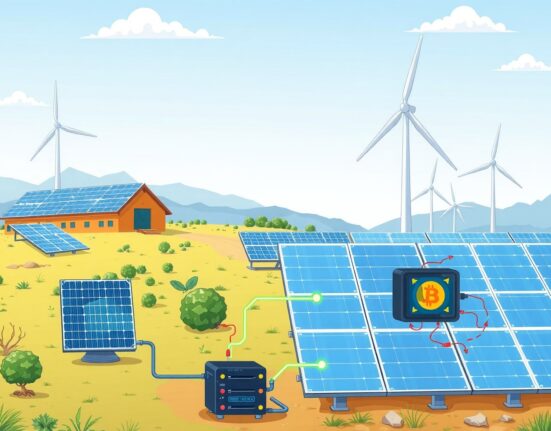 A cartoon illustration of a Japanese power company integrating Bitcoin mining for grid stability and renewable energy use.