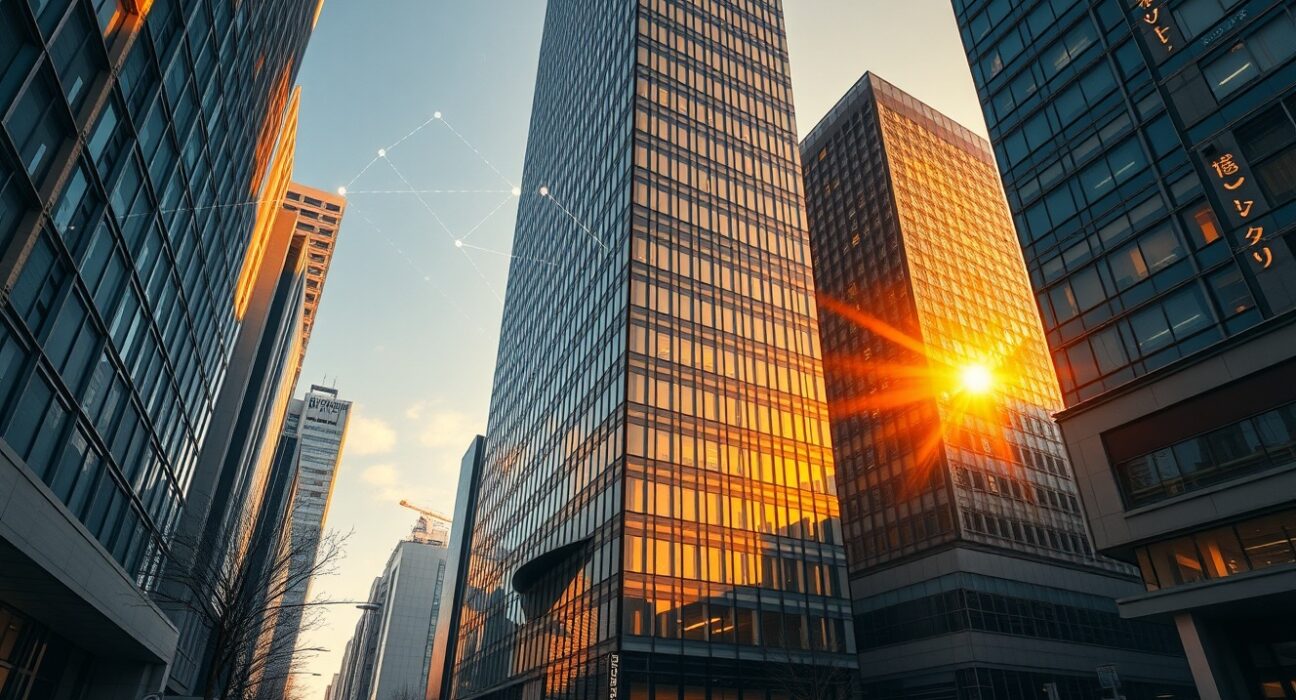 Tokyo financial district with digital yen stablecoin symbols representing EJPY blockchain payments